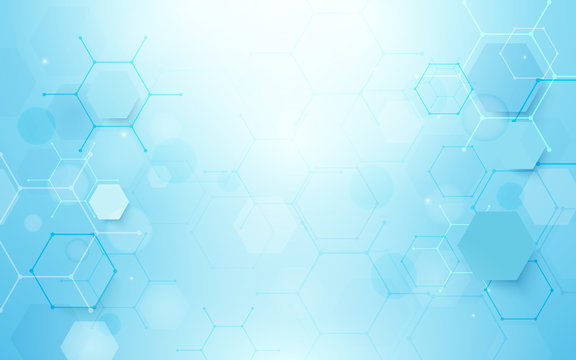 Abstract blue hexagons shape and lines with science concept background