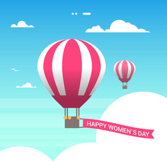 Obraz premium Pink Air Balloon In Sky With Happy Women Day Banner 8 March Greeting Card In Retro Style Flat Vector Illustration