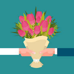 Man And Girl Hands Holding Bouquet Of Tulips Happy International Women Day Concept Flat Vector Illustration