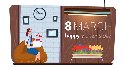 Happy Women Day 8 March Concept Girl Using Laptop Computer Messaging Flat Vector Illustration