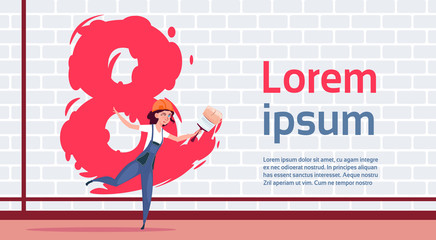 Girl Painter Over 8 March On Wall Happy Women Day Template Background Creative Holiday Poster Flat Vector Illustration