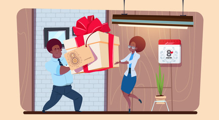 African American Man Greeting Girl With 8 March Happy Women Day Creative Card Flat Vector Illustration