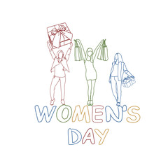 Women Day Holiday 8 March Sketch Joyful Girls Group Holding Gift Boxes And Shopping Bags Vector Illustration