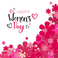 Happy Women Day Background With Pink Flowers And Lettering Calligraphy 8 March Holiday Card Vector Illustration