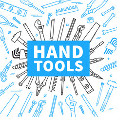 Hand tools vector illustration. Instruments for renovation and working line art square banner. Hand tools for construction and repair linear (outline) graphic design.