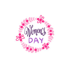 Vintage Badge Happy Women Day Concept Pink Lettering Calligraphy On White Background Vector Illustration