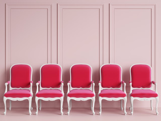 Red classic chairs are standing in an empty yellow room with relief stripes on the wall. Concept of minimalism. 3d rendering mock up