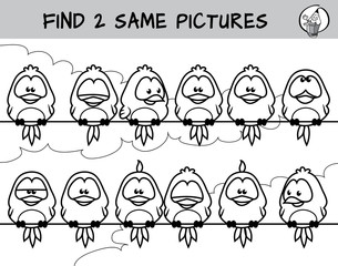 Find two the same birds on the picture. Educational matching game for children. Black and white cartoon vector illustration