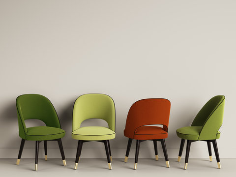 4 chairs in different colors on warm grey backround with copy space 3d illustration