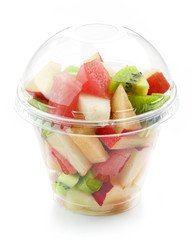 fresh fruit pieces salad in plastic cup