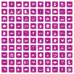 100 farm icons set grunge pink