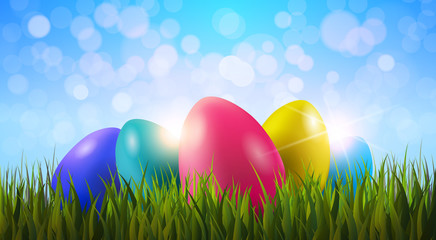 Colorful Painter Easter Eggs In Green Grass Over Blue Boker Blurred Sky Background Vector Illustration
