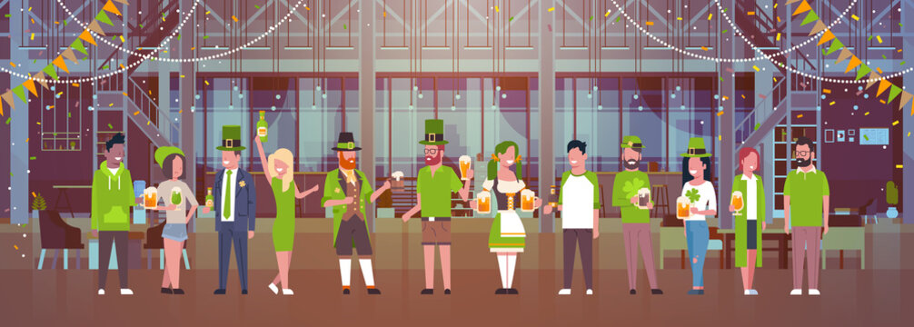 St Patrick Day Celebration Horizontal Banner With Group Of People In Green Costumes Drinking Beer Flat Vector Illustration