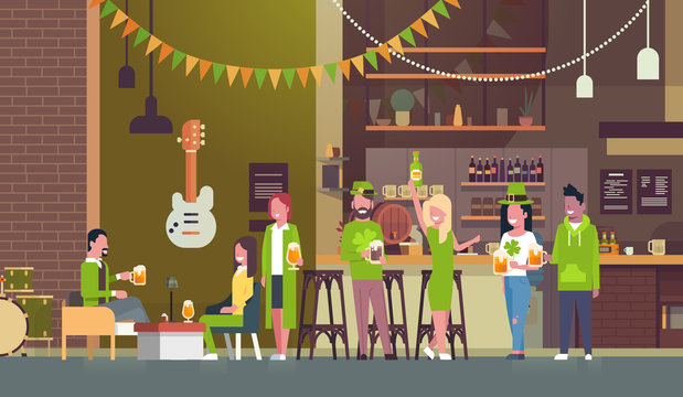 Group Of People Celebrate Traditional Saint Patricks Day In Pub Wearing Green Coustumes And Hats Drinking Beer Flat Vector Illustration