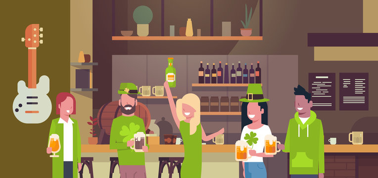 Saint Patricks Day Party In Bar Or Pub With People In Traditional Green Clothes Drinking Beer Flat Vector Illustration