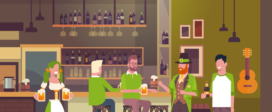 St. Patricks Day Party In Irish Pub Concept Group Of People Wearing Green Hats And Drinking Beer Together Flat Vector Illustration
