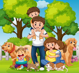 Family with kids and pets in the park