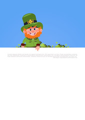 Cute Leprechaun Holding White Template Banner St. Patricks Day Card Design Background Flat Vector Illustration