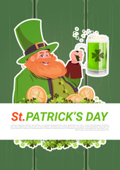 St. Patricks Day Card With Leprechaun Drinking Beer On Green Wooden Background Flat Vector Illustration