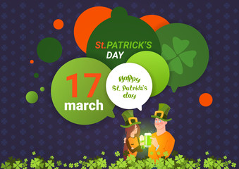 Saint Patrick Day Template Background With Man And Woman In Green Hats Holding Glass Of Beer Over Chat Bubbles Flat Vector Illustration