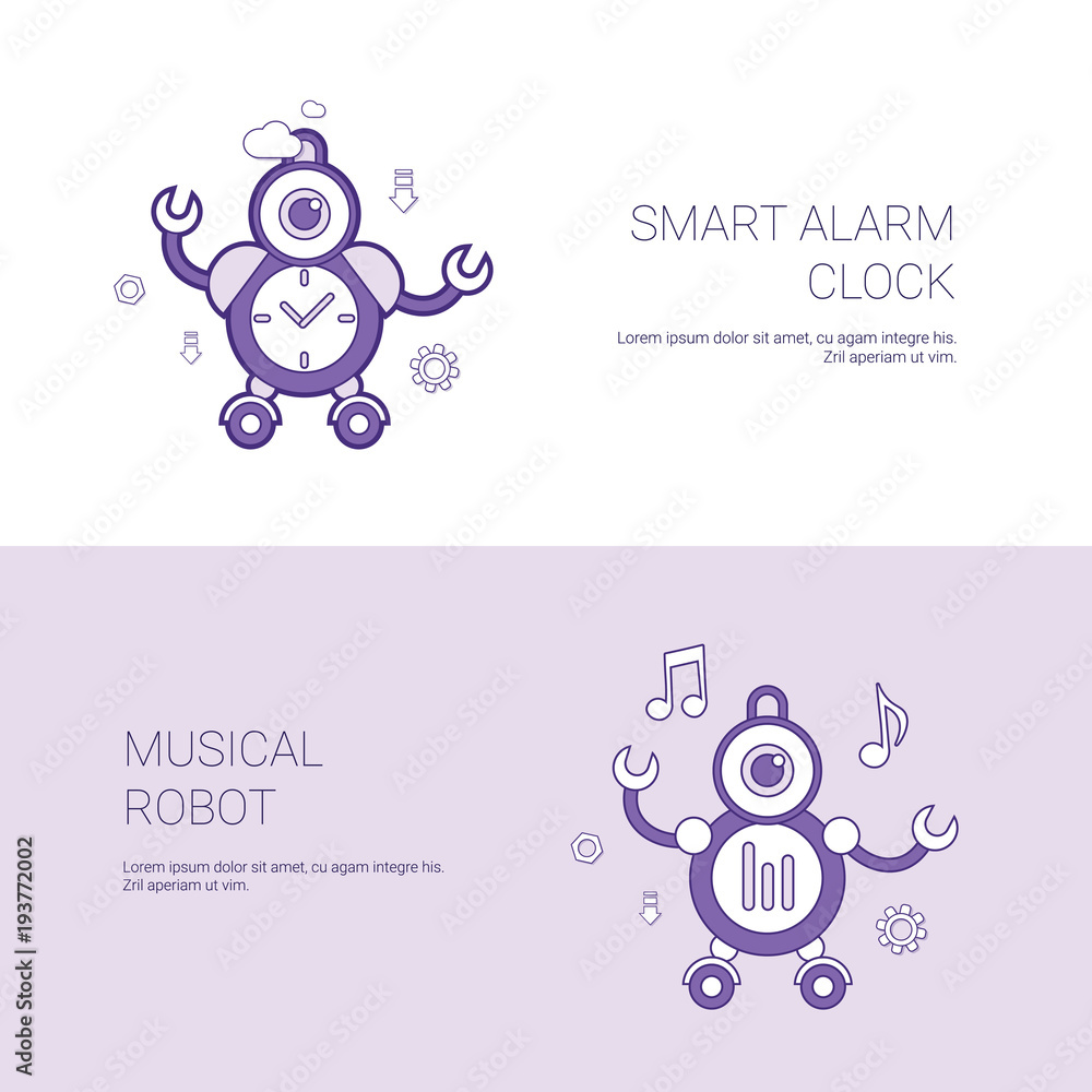 Aufkleber smart alarm clock and musical robot concept template web banner with copy space vector illustration