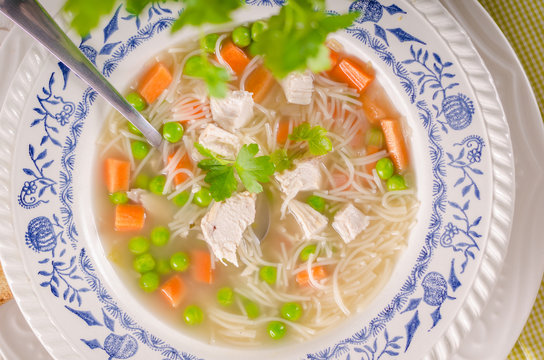 Spring chicken soup noodles, vegetable and toast