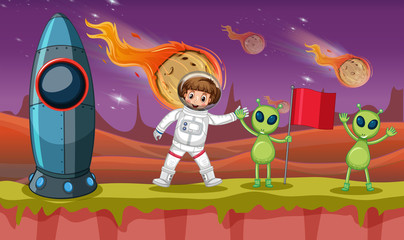 Astronaut and two aliens on strange planet