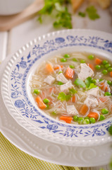 Fresh vegetable soup with chicken dumplings