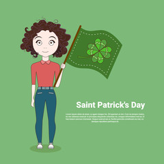 Young Girl Holding Green Flag With Clover Leaf Over Template Saint Patricks Day Background Vector Illustration