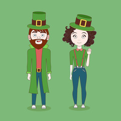 Man And Woman Wearing Green Leprechaun Hats And Irish Costumes Saint Patricks Day Celebration Background Vector Illustration