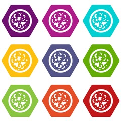 Asian hot dish icon set color hexahedron