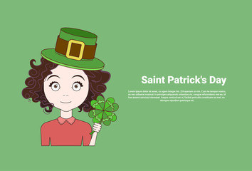 Young Girl In Leprechaun Hat Holding Shamrock Over Template Saint Patricks Day Background Vector Illustration