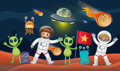 Space theme with two astronauts and many aliens