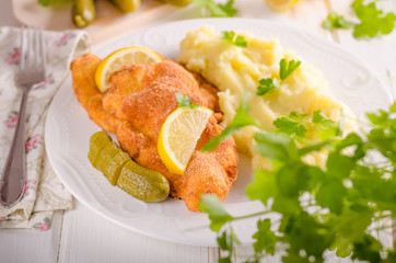 Fresh weiner schitzel original, mashed potatoes