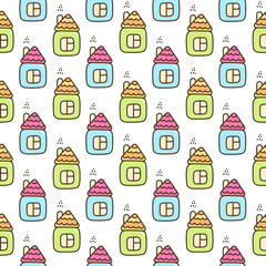Seamless pattern with cute green and blue house. It can be used for packaging, wrapping paper, textile and etc. Excellent print for children's clothes, bed linens, etc.