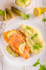 Fresh weiner schitzel original, mashed potatoes