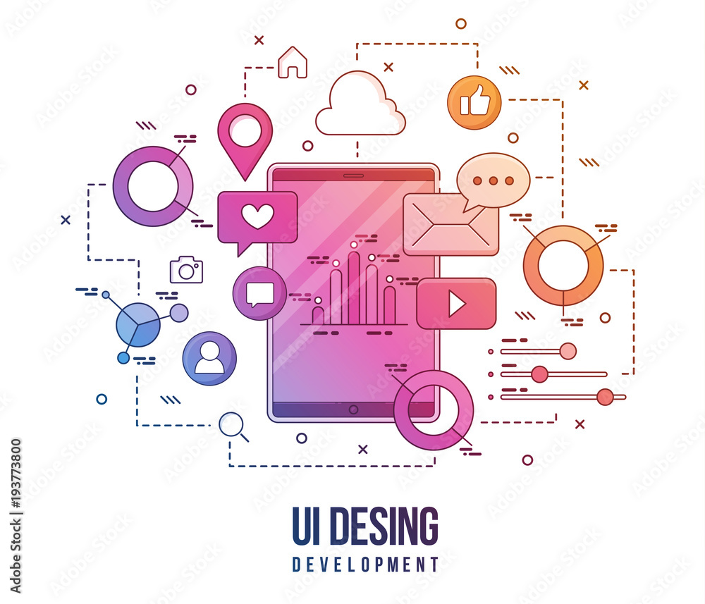 Poster flat illustration for ui-ux design, web design, mobile apps development. modern flat colorful line d