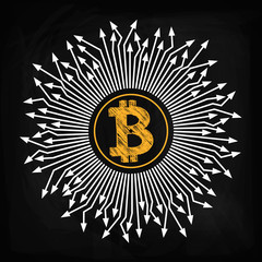 Crypto currency, bitcoin. In the center of the image is the bitcoin yellow emblem, from which white arrows point in different directions. Draw the chalk on the board. Sketch, scrawl of gold color