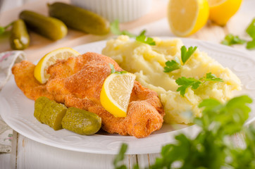 Fresh weiner schitzel original, mashed potatoes