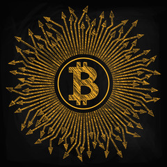 Crypto currency, bitcoin. In the center of the picture is the bitcoin icon, from it in different directions are directed arrows. Drawing chalk on a blackboard. Sketch, scrawl of gold color