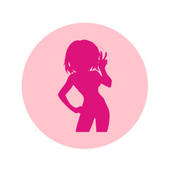 Icono plano silueta chica manga saludando en circulo rosa