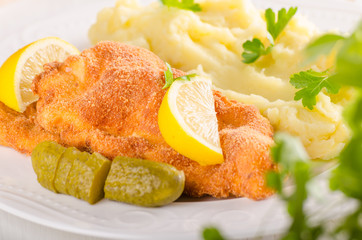 Fresh weiner schitzel original, mashed potatoes