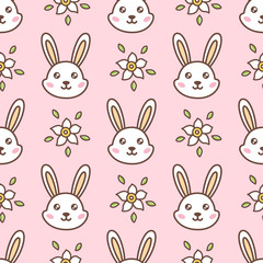 Seamless pattern with cute face rabbit and flowers for Happy Easter. It can be used for packaging, wrapping paper, textile and etc. Excellent print for children's clothes, bed linens, etc.
