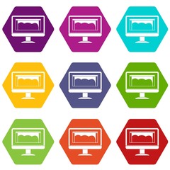 Drawing monitor icon set color hexahedron