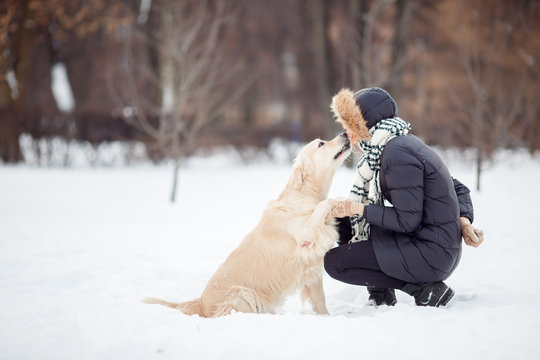 Picture of girl in black jacket with labrador at snowy park
