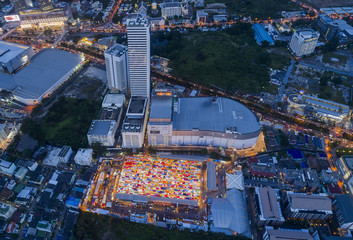 Multicolour Rod Fai night Market aerial view located in Ratchada area of Bangkok, Thailand