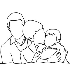 happy family vector illustration sketch hand drawn with black lines, isolated on white background