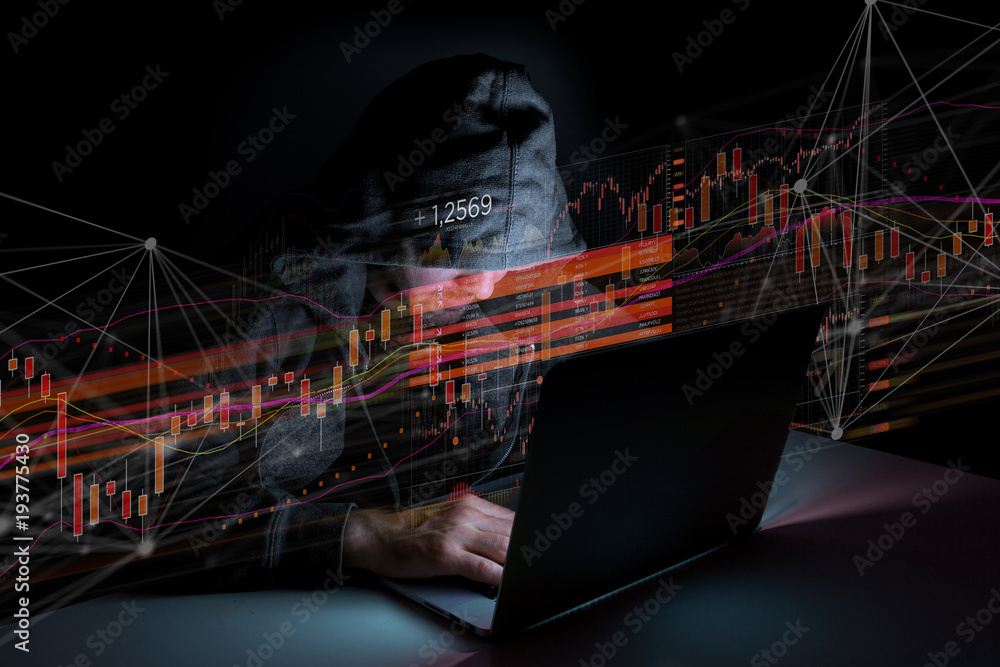 Poster hacker man in the dark using computer to hack data and information system