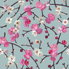   Seamless pattern with blooming sakura branches. Cherry blossoms floral background