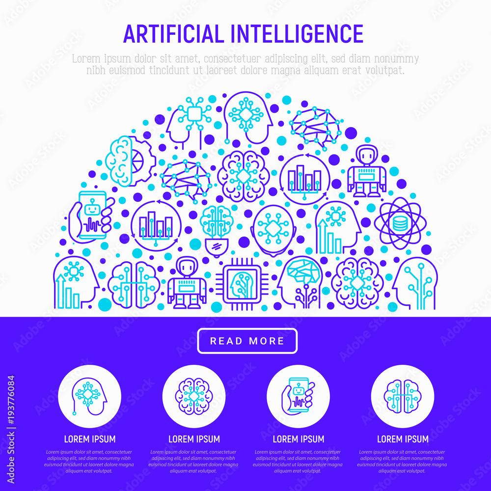 Poster artificial intelligence concept in half circle with thin line icons: robot, brain, machine learning,